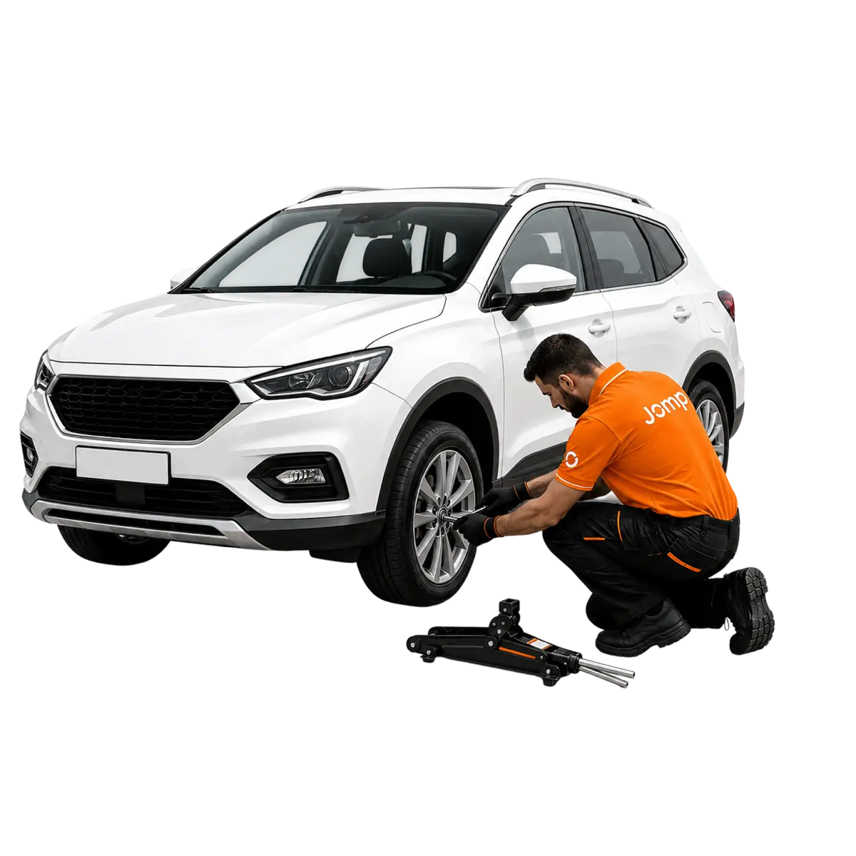 JOMP technician changing a tyre on a white SUV